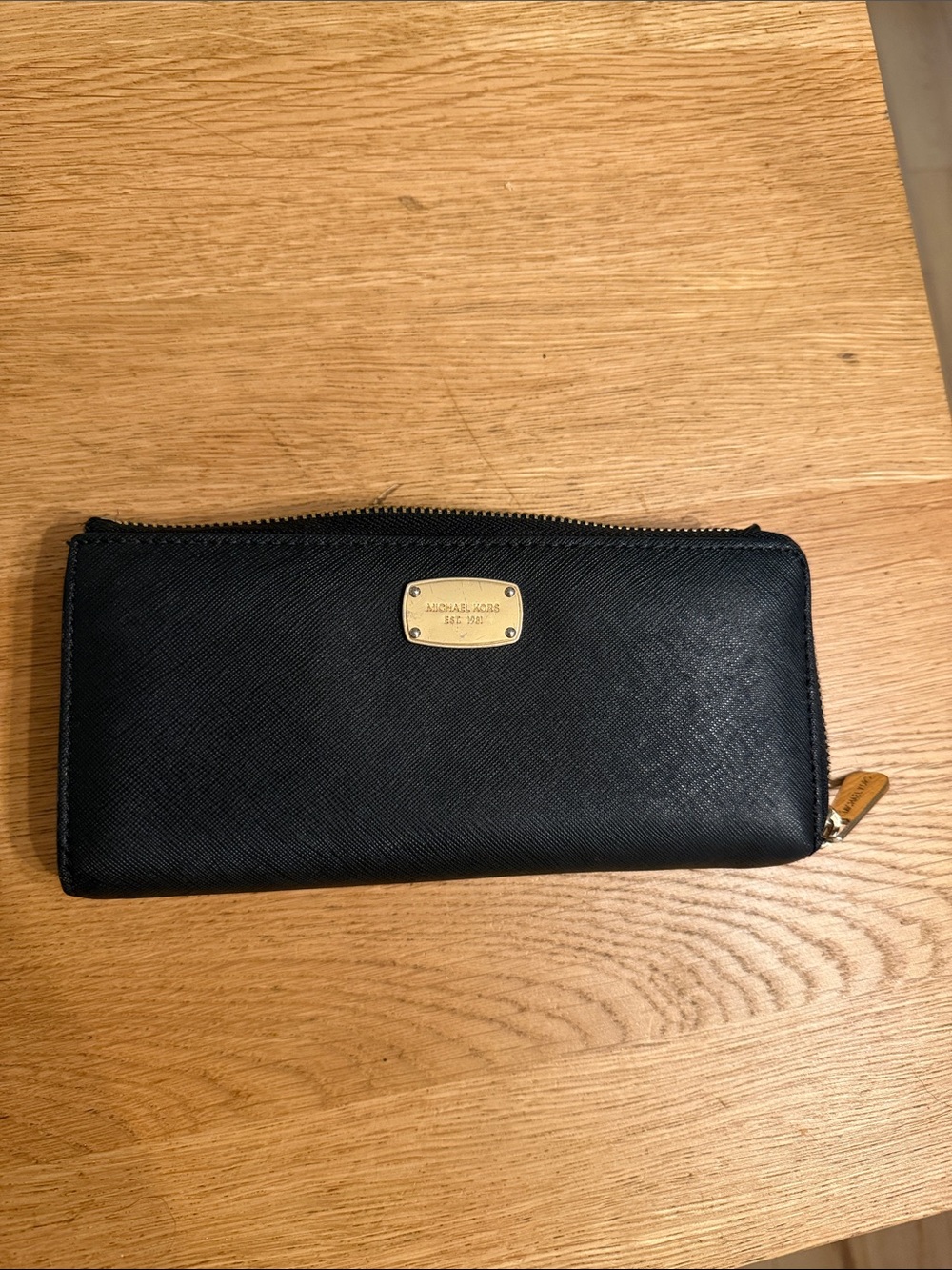 Michael Kors Black Zip-Around Saffiano Wallet with Gold Plaque
